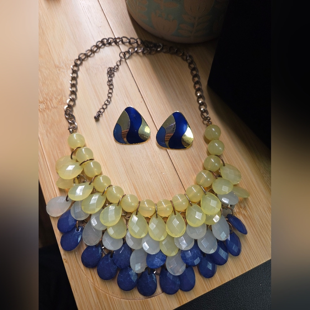 Blue and Yellow Necklace and Earring Set - Picture 2 of 5